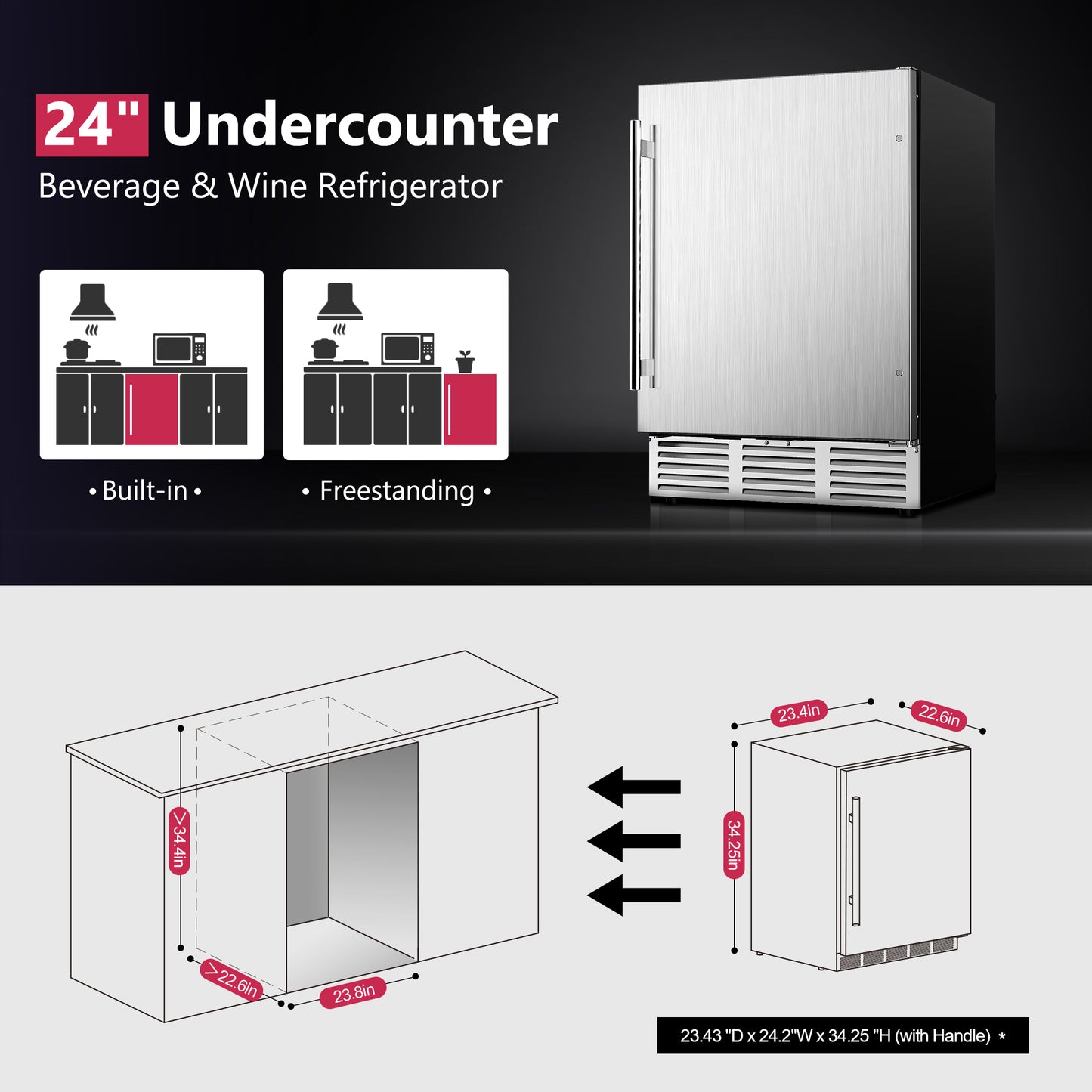 Icyglee Beverage Cooler Under Counter Built-in Beverage Refrigerator, Mini Fridge with Glass Removable Shelves for Drink Beer Soda Wine Water
