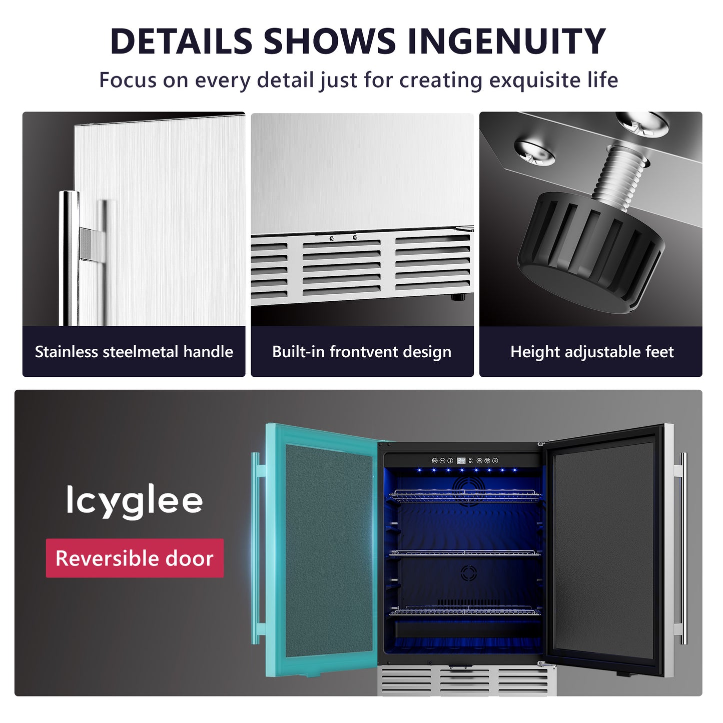 Icyglee Beverage Cooler Under Counter Built-in Beverage Refrigerator, Mini Fridge with Glass Removable Shelves for Drink Beer Soda Wine Water