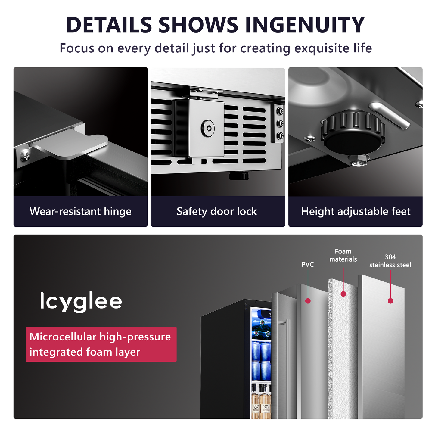 Icyglee Beverage Cooler Under Counter Built-in Beverage Refrigerator, Mini Fridge with Glass Removable Shelves for Drink Beer Soda Wine Water