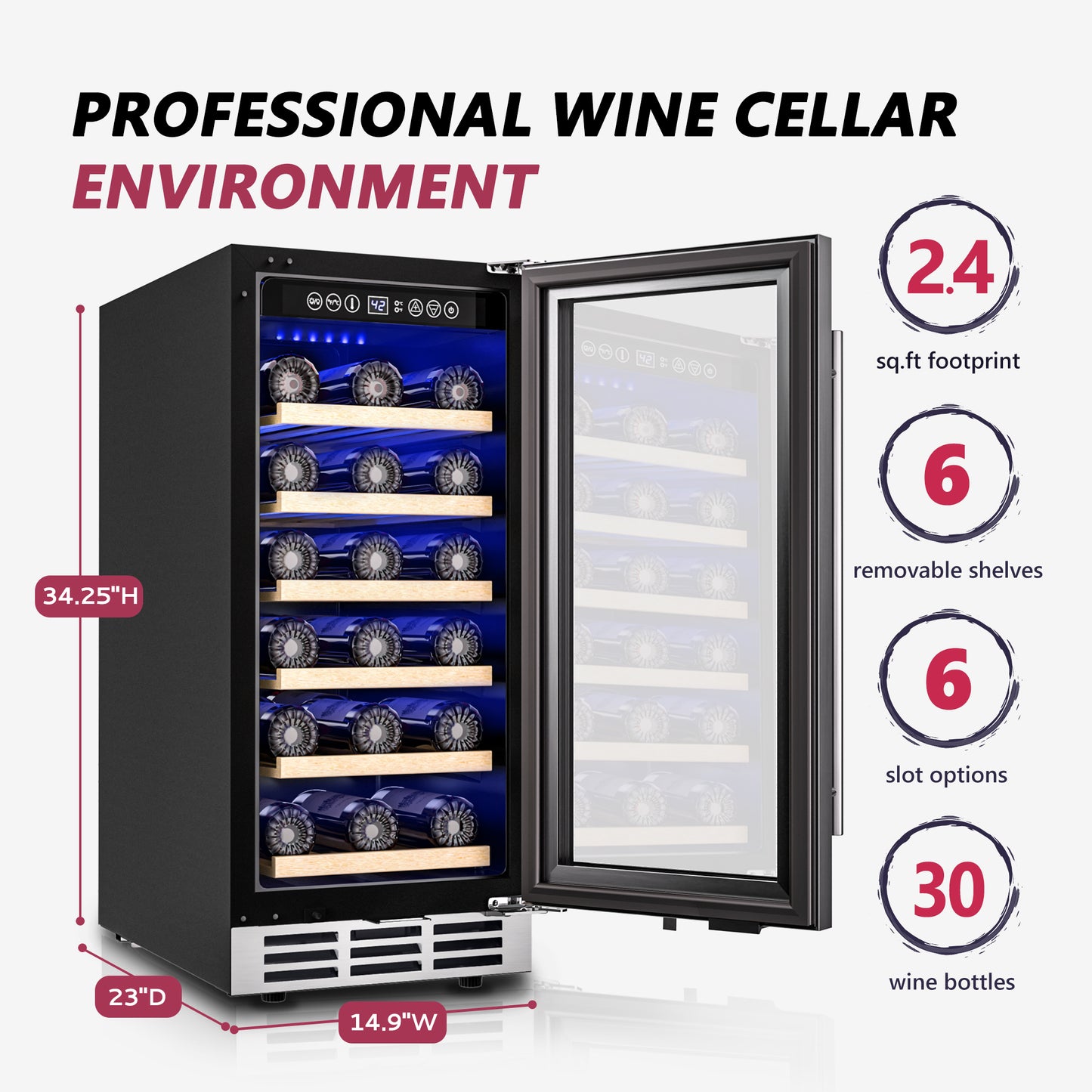 15 Inch Wine Cooler Refrigerator, 30 Bottle Wine Fridge with Stainless Steel Glass Door & Digital Temperature Control, Built-in/Freestanding Wine Cooler with Removable Shelves, 3.6 CU.FT
