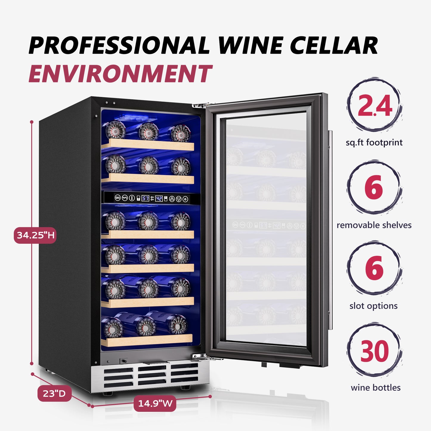 15 Inch Wine Cooler Refrigerator, 30 Bottle Wine Fridge with Stainless Steel Glass Door & Digital Temperature Control, Built-in/Freestanding Wine Cooler with Removable Shelves, 3.6 CU.FT