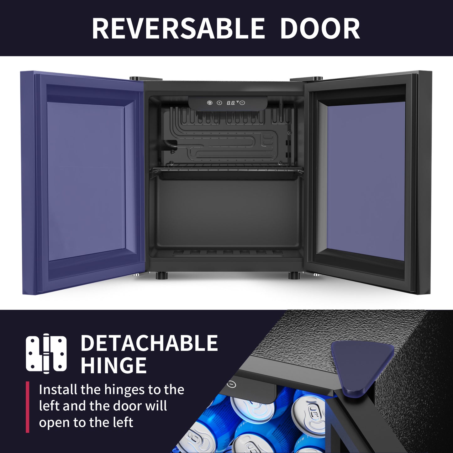 48 Can Beverage Refrigerator Cooler, Mini Fridge Glass Door with Adjustable Shelves, Freestanding Beverage Fridge with Blue LED for Home/Office/Dorm/Bar, 1.3 Cu.ft