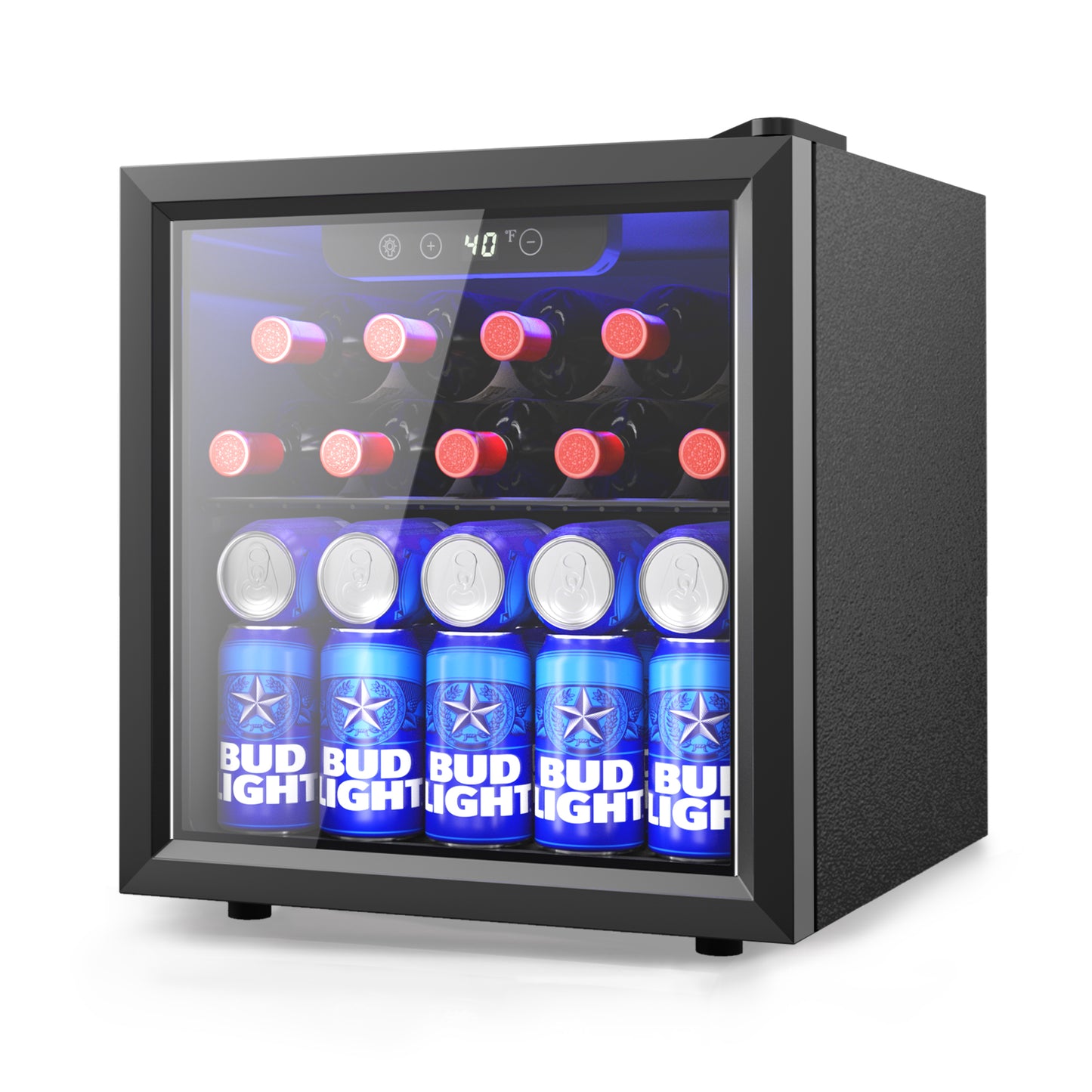 48 Can Beverage Refrigerator Cooler, Mini Fridge Glass Door with Adjustable Shelves, Freestanding Beverage Fridge with Blue LED for Home/Office/Dorm/Bar, 1.3 Cu.ft