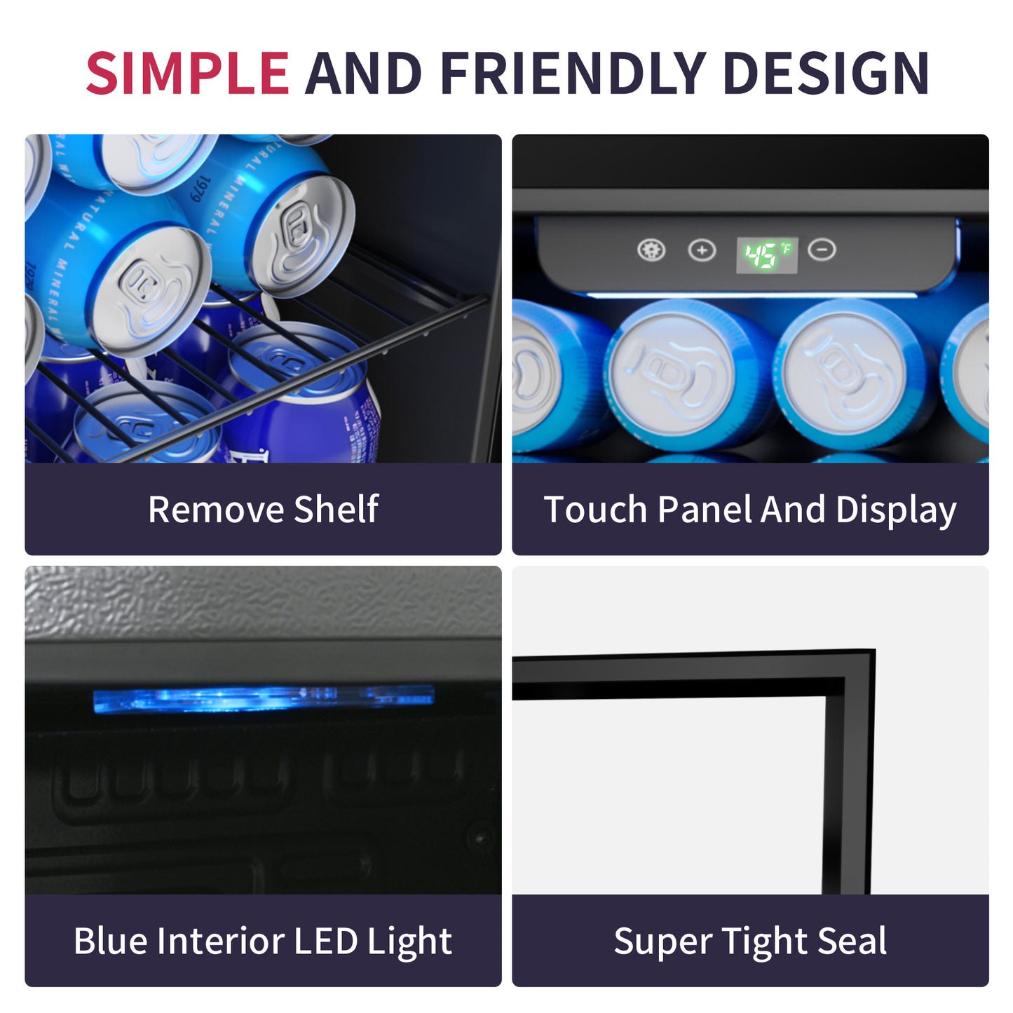 48 Can Beverage Refrigerator Cooler, Mini Fridge Glass Door with Adjustable Shelves, Freestanding Beverage Fridge with Blue LED for Home/Office/Dorm/Bar, 1.3 Cu.ft