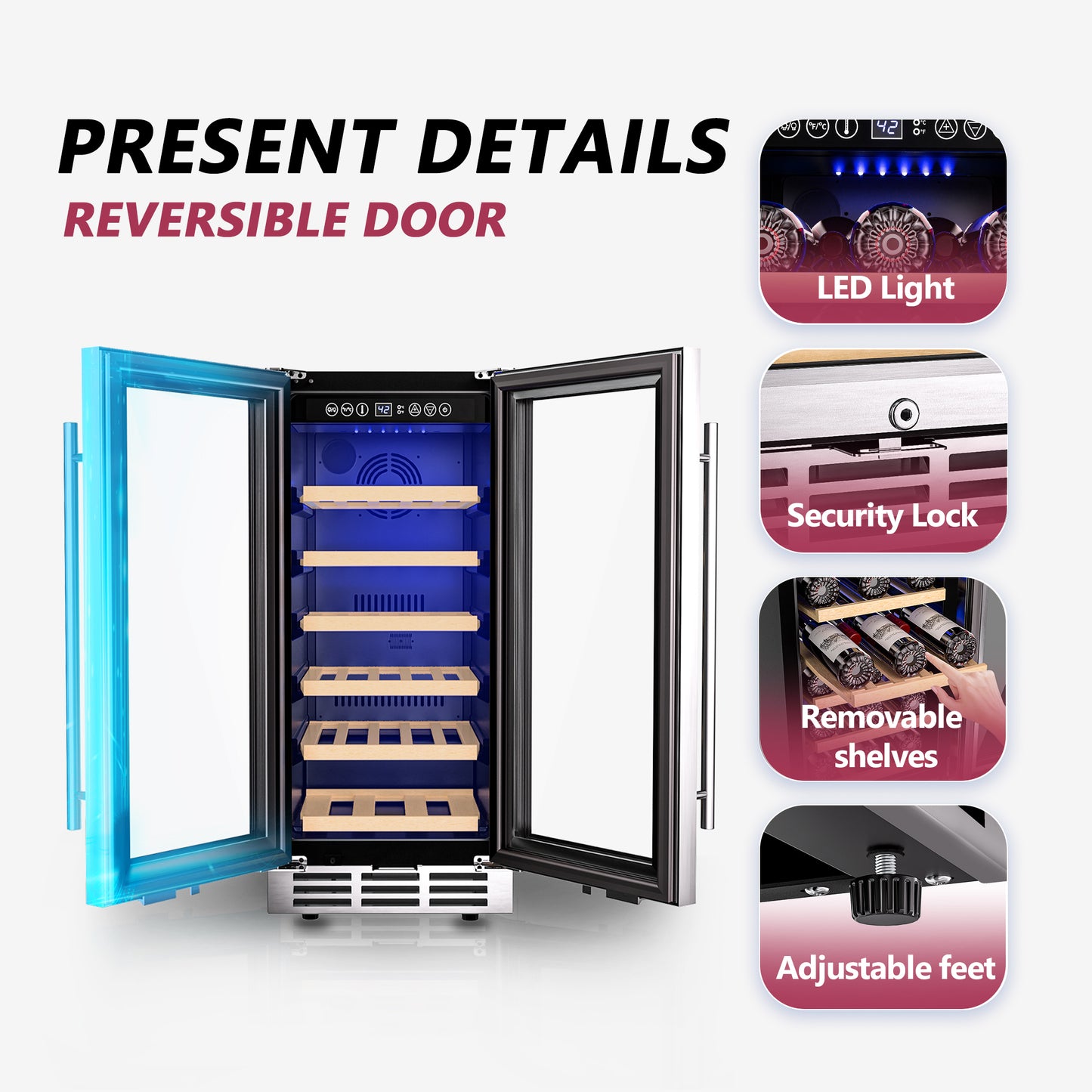 15 Inch Wine Cooler Refrigerator, 30 Bottle Wine Fridge with Stainless Steel Glass Door & Digital Temperature Control, Built-in/Freestanding Wine Cooler with Removable Shelves, 3.6 CU.FT