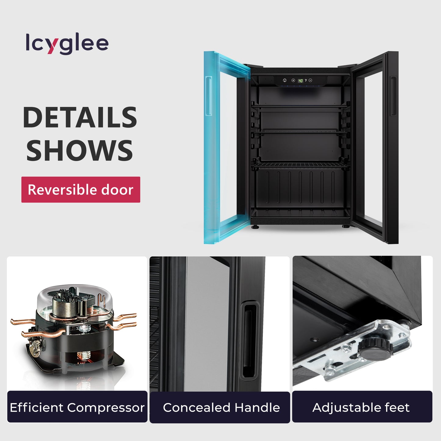 ICYGLEE 100 Can Beverage Refrigerator Cooler, 2.7 cu.ft Mini Fridge Glass Door for Beer Drinks Wines, Freestanding Beverage Fridge with Adjustable Shelves Blue LED for Home/Office/Dorm/Bar, Black