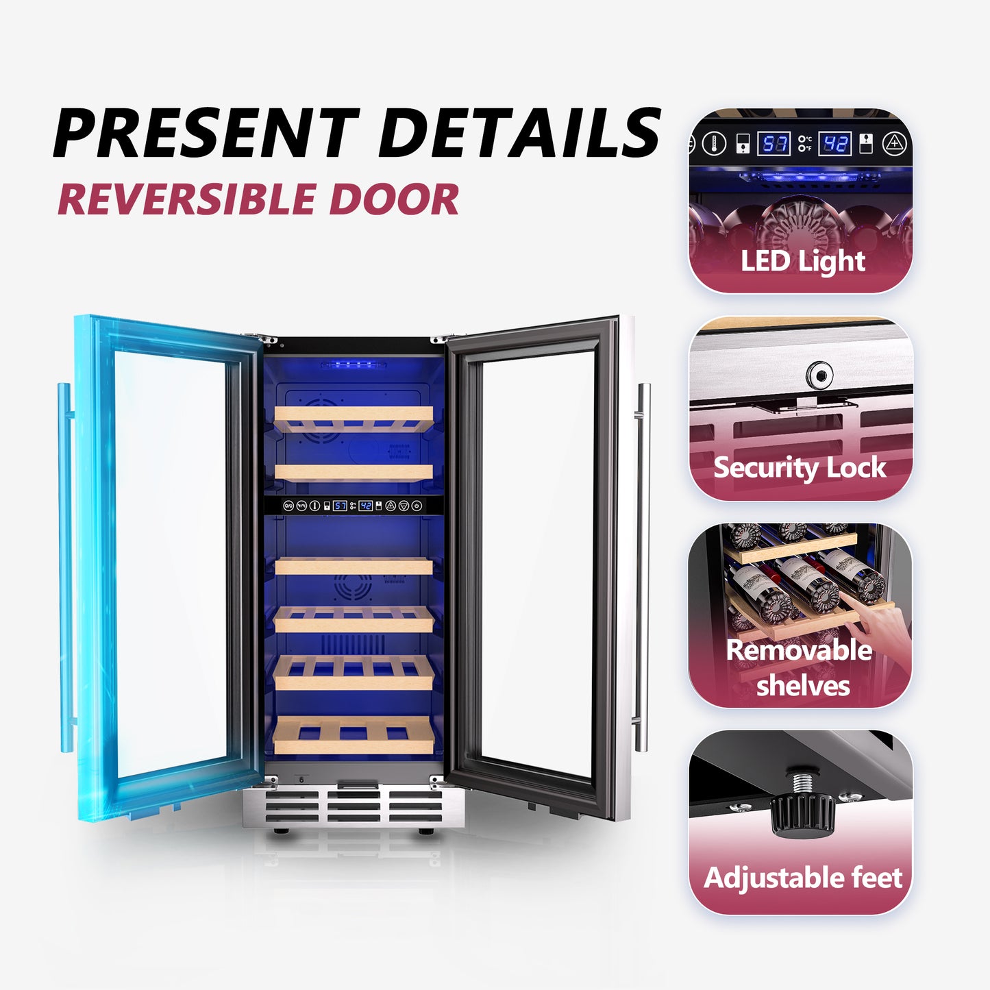 15 Inch Wine Cooler Refrigerator, 30 Bottle Wine Fridge with Stainless Steel Glass Door & Digital Temperature Control, Built-in/Freestanding Wine Cooler with Removable Shelves, 3.6 CU.FT