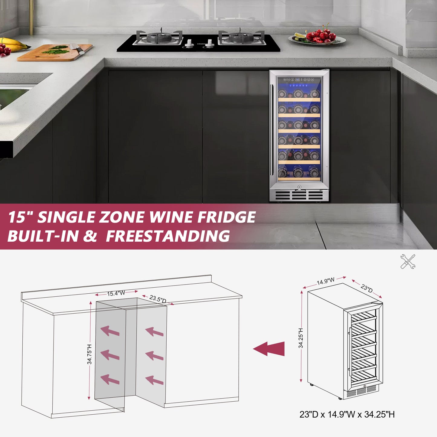 15 Inch Wine Cooler Refrigerator, 30 Bottle Wine Fridge with Stainless Steel Glass Door & Digital Temperature Control, Built-in/Freestanding Wine Cooler with Removable Shelves, 3.6 CU.FT