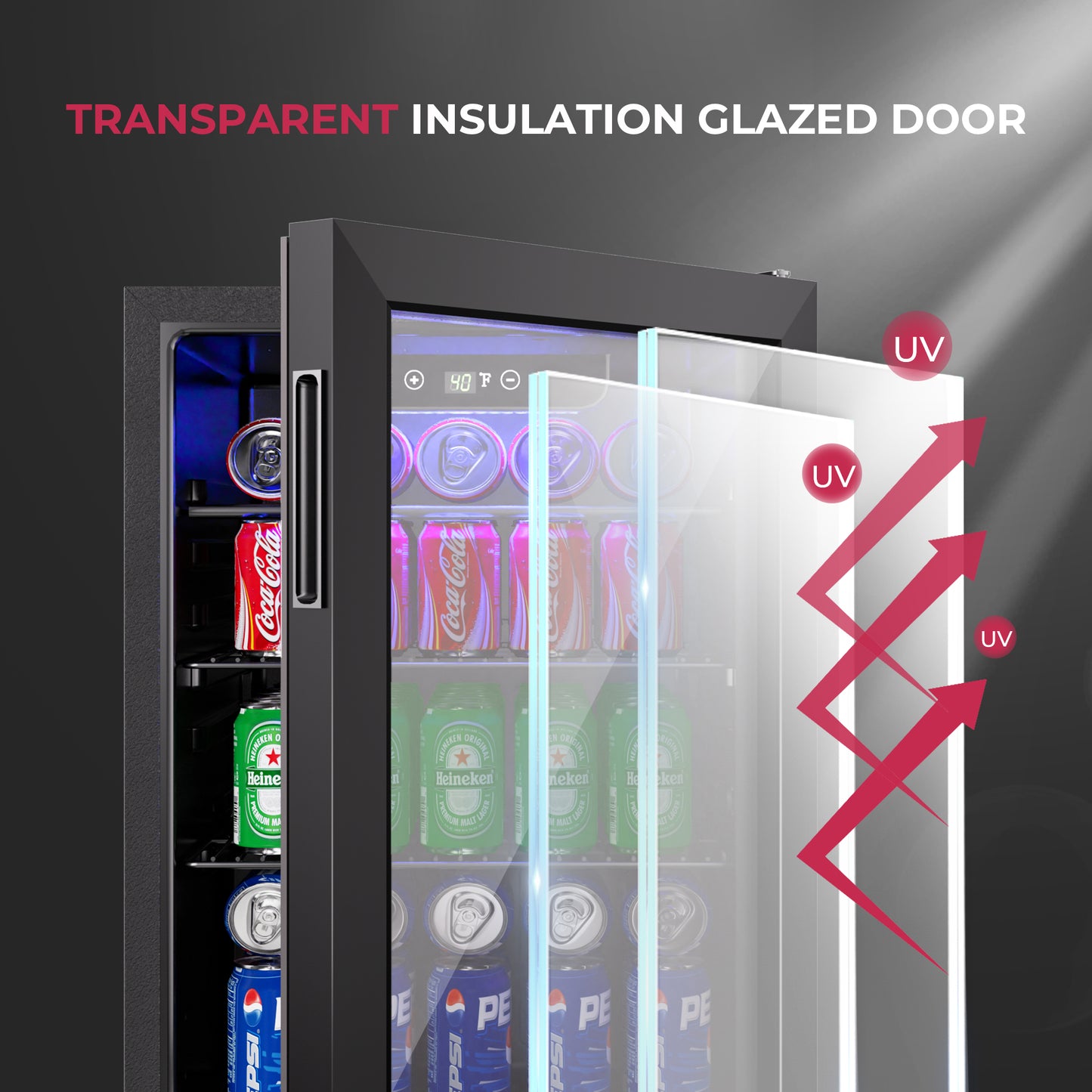 ICYGLEE 100 Can Beverage Refrigerator Cooler, 2.7 cu.ft Mini Fridge Glass Door for Beer Drinks Wines, Freestanding Beverage Fridge with Adjustable Shelves Blue LED for Home/Office/Dorm/Bar, Black