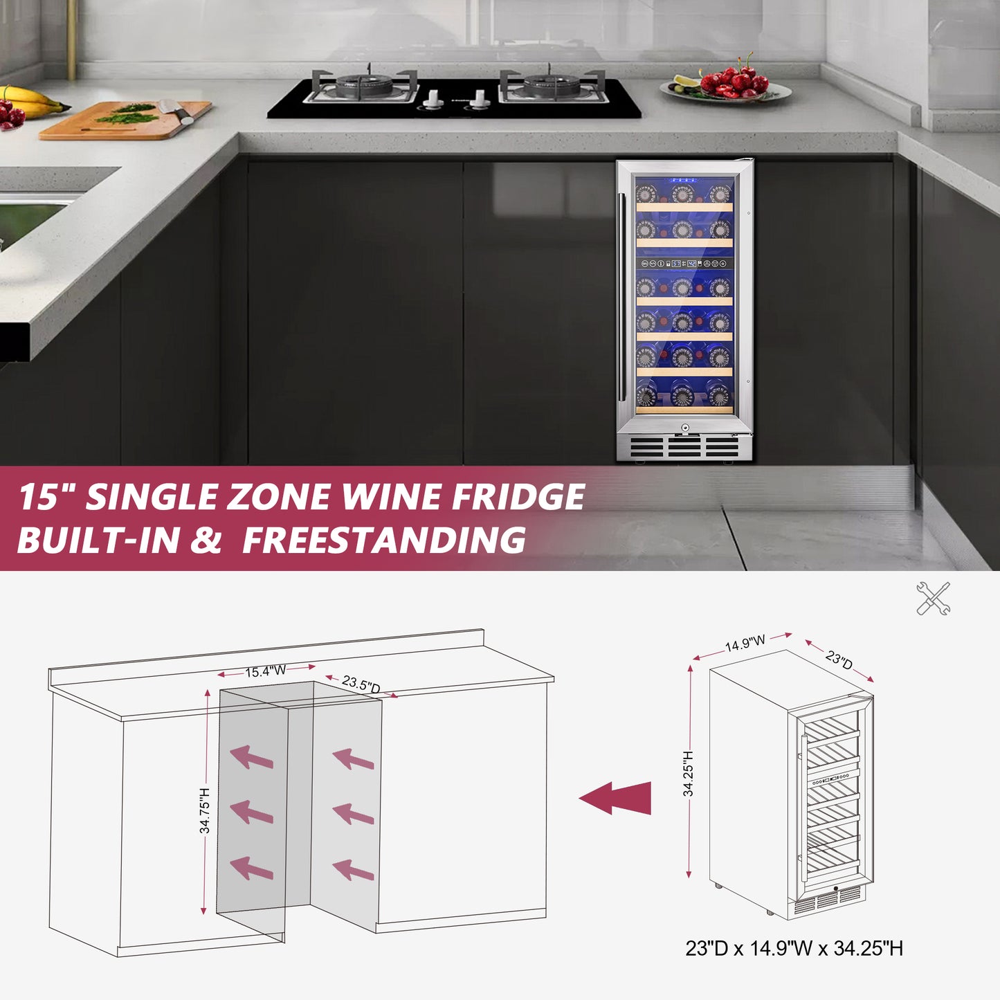 15 Inch Wine Cooler Refrigerator, 30 Bottle Wine Fridge with Stainless Steel Glass Door & Digital Temperature Control, Built-in/Freestanding Wine Cooler with Removable Shelves, 3.6 CU.FT