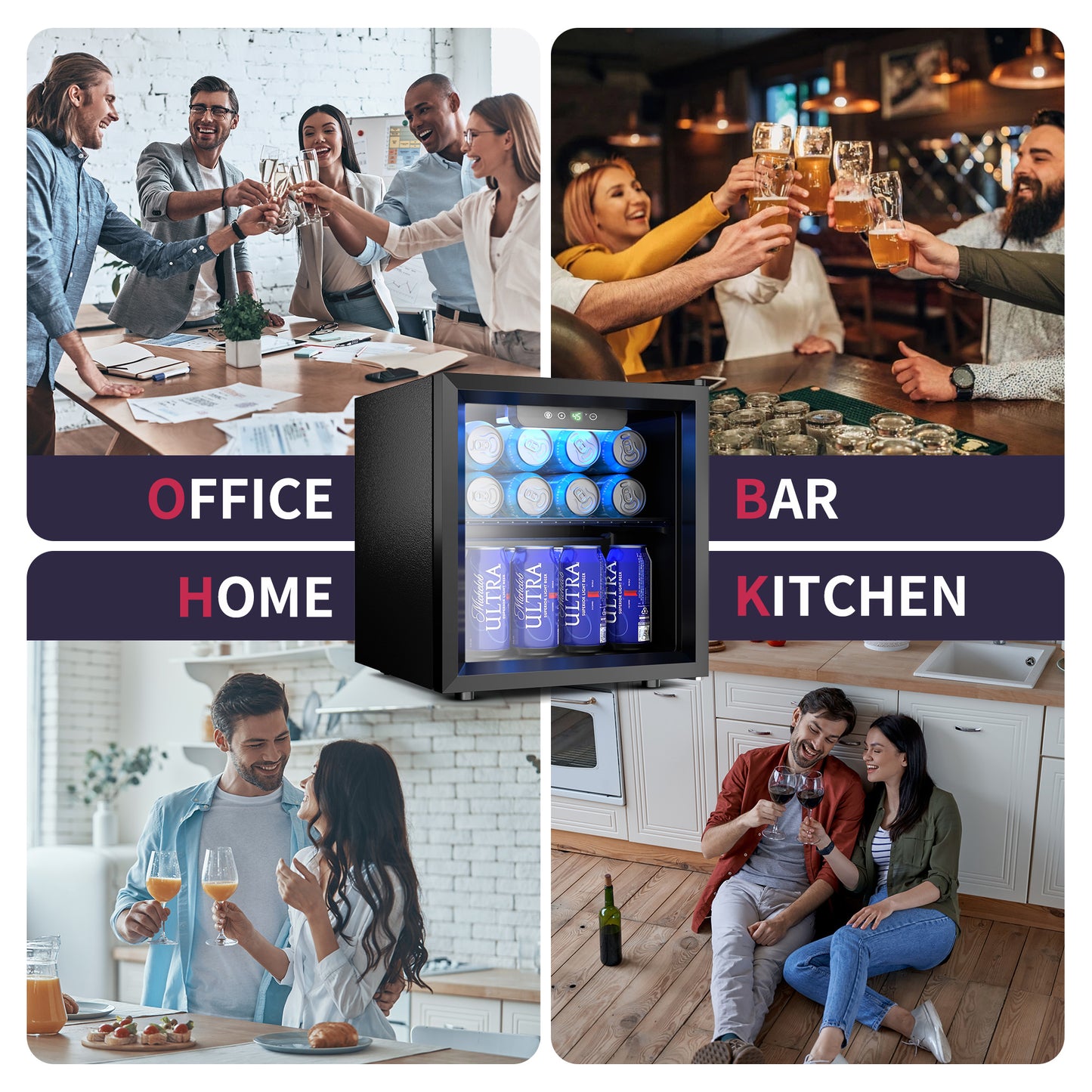 48 Can Beverage Refrigerator Cooler, Mini Fridge Glass Door with Adjustable Shelves, Freestanding Beverage Fridge with Blue LED for Home/Office/Dorm/Bar, 1.3 Cu.ft