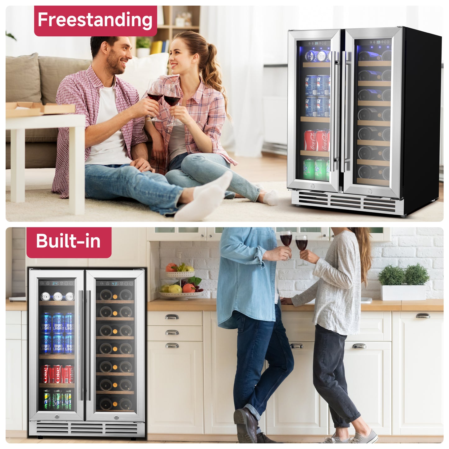 ICYGLEE Beverage Refrigerator, Beverage Cooler Built-in Design, Under Counter Beer Fridge with Glass Door for Soda, Wine, Water - For Kitchen, Office or Bar