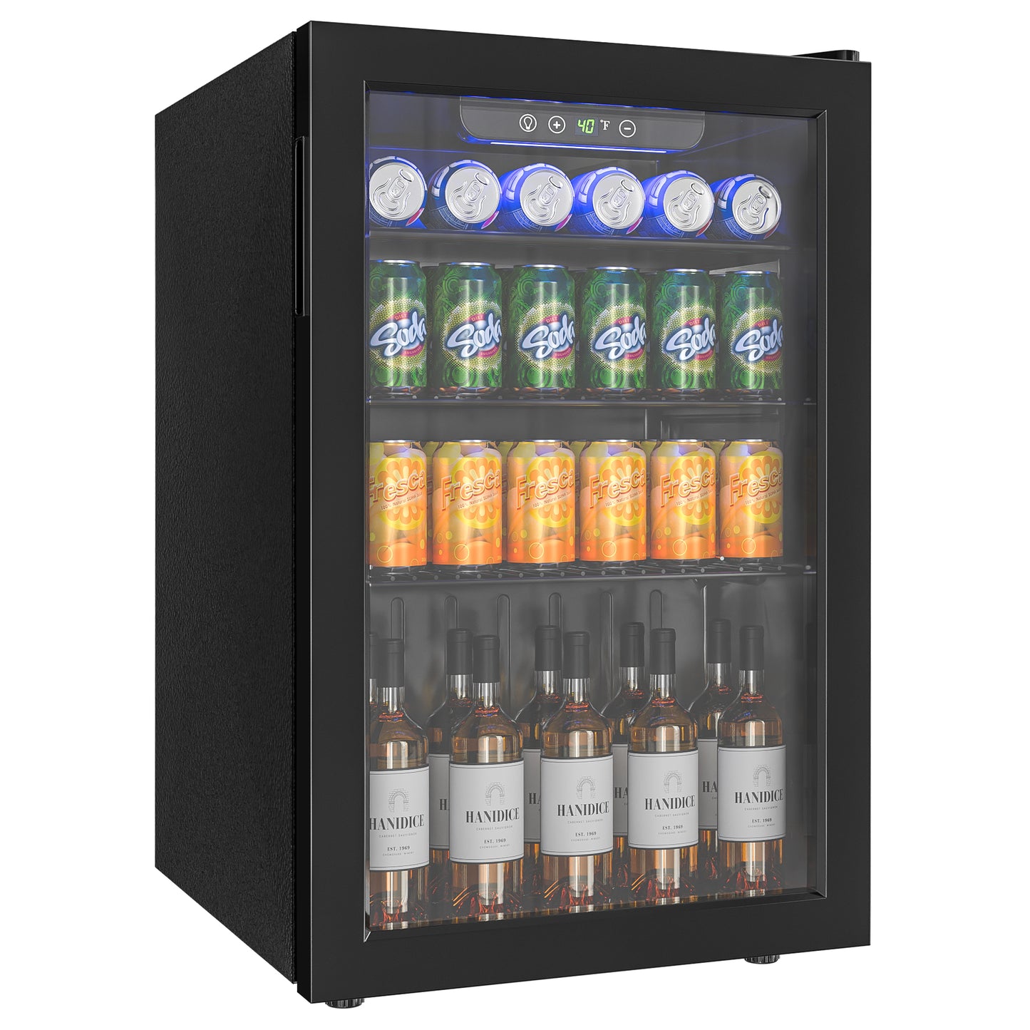 ICYGLEE 100 Can Beverage Refrigerator Cooler, 2.7 cu.ft Mini Fridge Glass Door for Beer Drinks Wines, Freestanding Beverage Fridge with Adjustable Shelves Blue LED for Home/Office/Dorm/Bar, Black