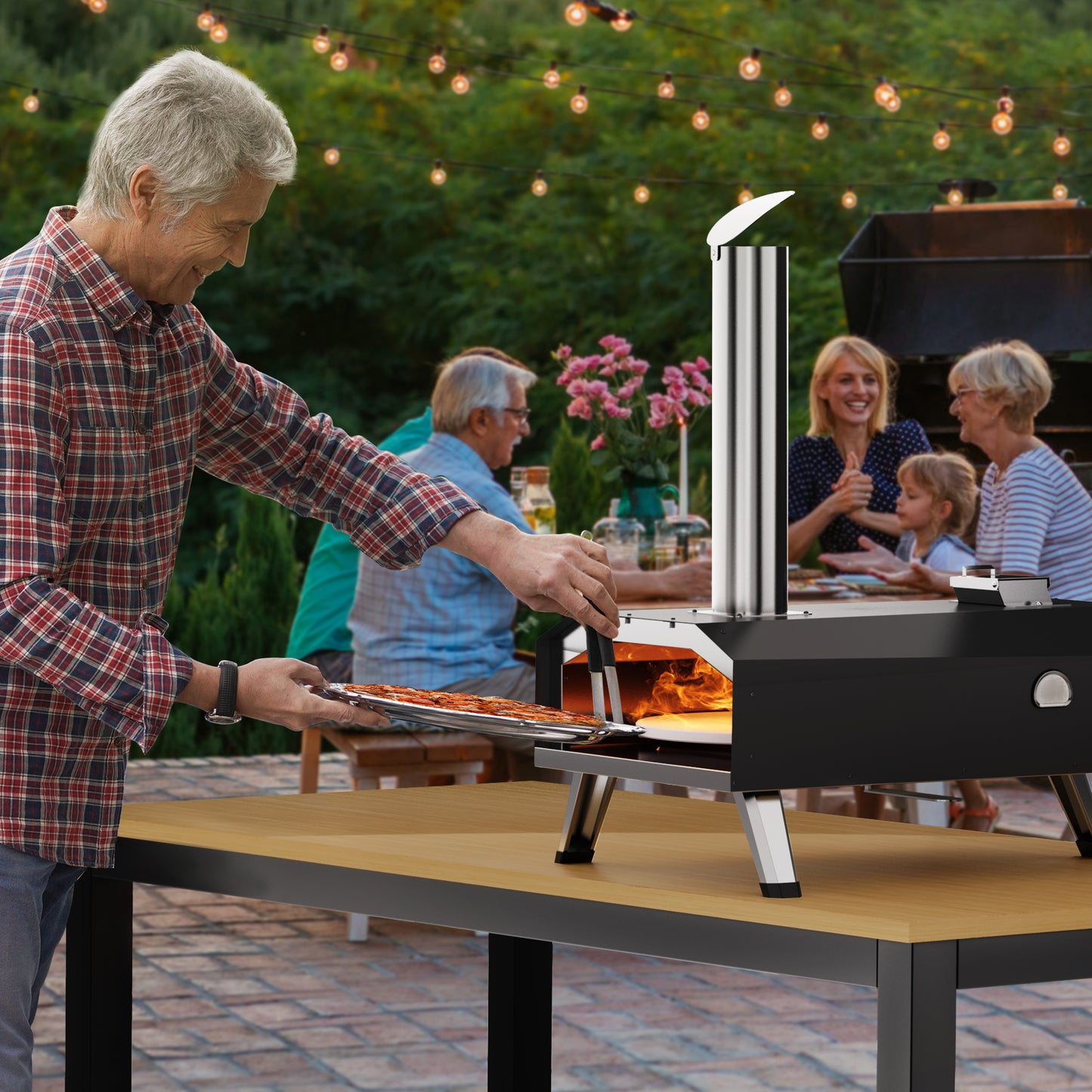 12" Wood Pellet Outdoor Pizza Oven,Wood Fired Portable Pizza Maker with Pizza Stone, Countertop Pizza Grill for Backyard and Outside, Black