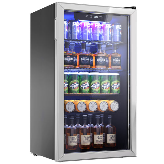 ICYGLEE 120 Can Beverage Refrigerator with Glass Door, Adjustable Shelves for Soda Beer or Wine, Perfect for Home/Office (Slive).