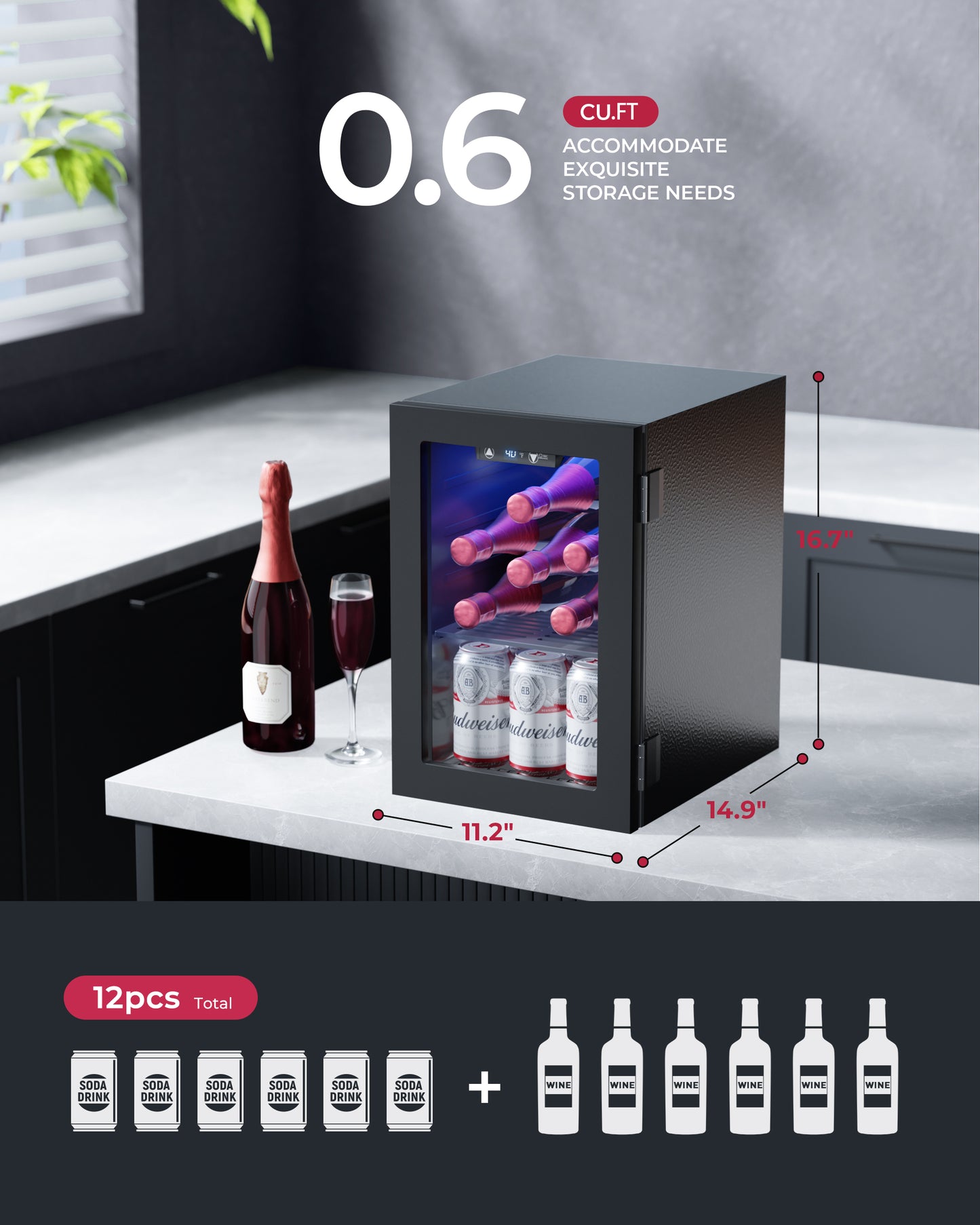 Icyglee 6 Bottles and 6 Cans Compact Beverage Refrigerator, Freestanding Mini Fridge with Temperature Control for Beer Wine, Under Counter Small Refrigerator Adjustable Shelve for Home and Bar