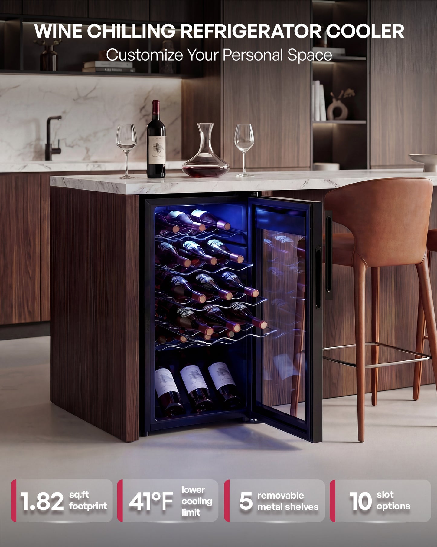 Icyglee 18 Bottle Compressor Wine Cooler Refrigerator，Freestanding Wine Fridge with Digital Temperature Control & Double-layer Glass Door, 41-64°F Wine Cellar for Red Wine, Champagne, Beer, Black